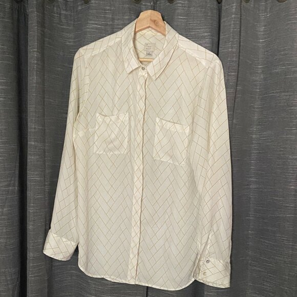A New Day Geometric Print Gold and White Career Wear Button Down Blouse Flowy - Picture 1 of 9